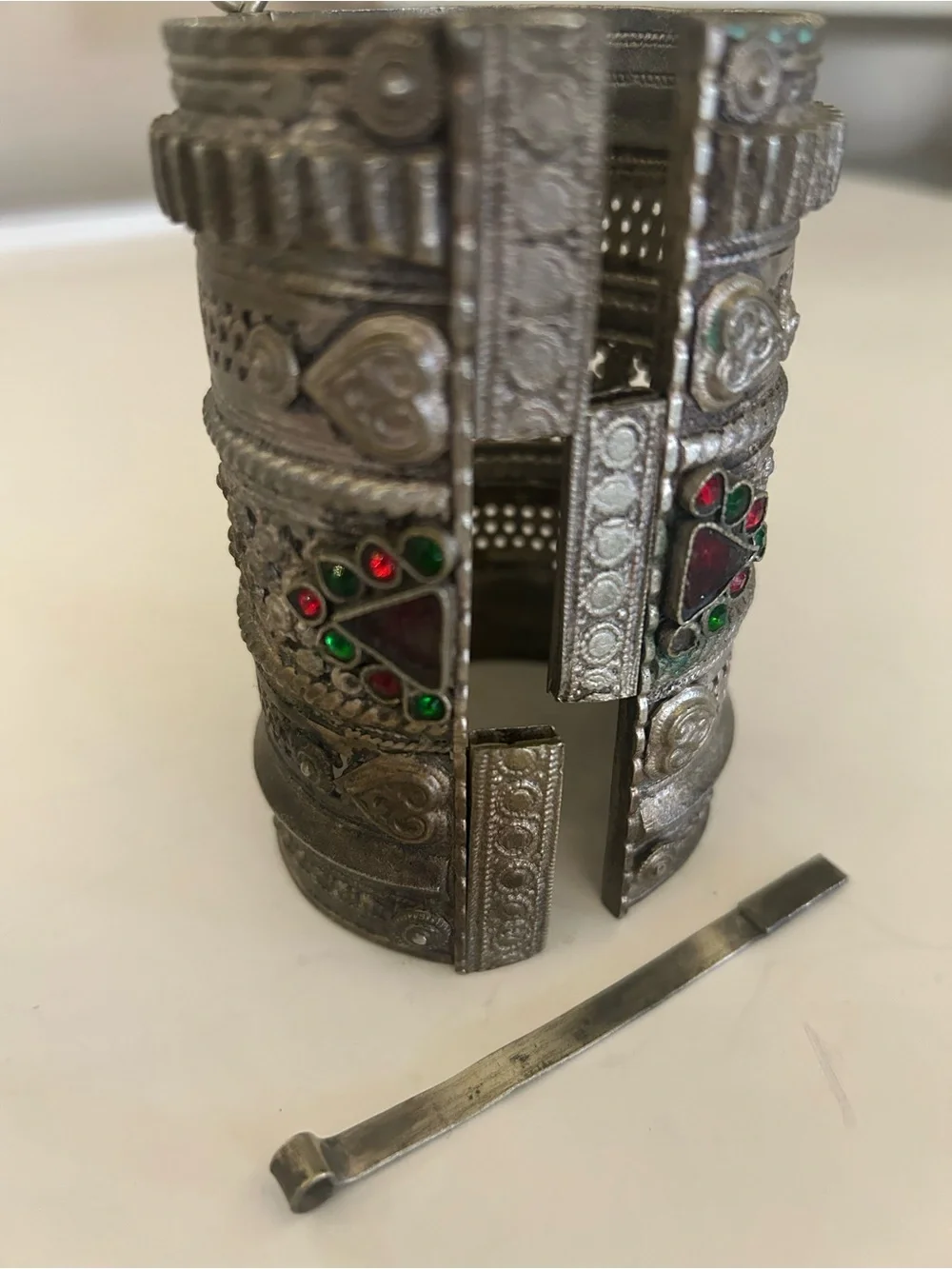 Ornate Silver-Tone Decorative Cuff with Red & Green Stones from India